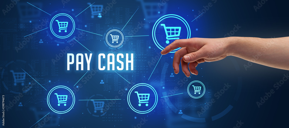 Close-Up of cropped hand pointing at PAY CASH inscription, online shopping concept Close-Up of cropped hand pointing at PAY CASH inscription, online shopping concept
