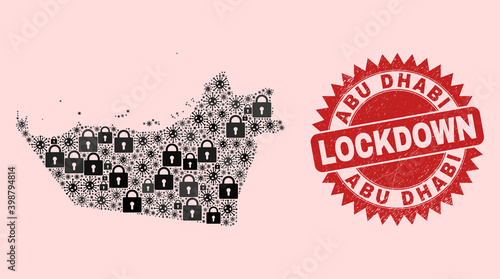 Vector pandemic lockdown collage Abu Dhabi Emirate map and grunge stamp seal. Lockdown red seal uses sharp rosette form. Mosaic Abu Dhabi Emirate map is done from covid- 2019 virus,