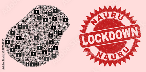 Vector Viral lockdown collage Nauru map and textured stamp. Lockdown red imprint uses sharp rosette form. Collage Nauru map is done of SARS virus, and locked icons.