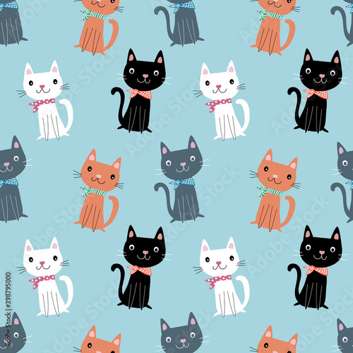 Fototapeta Naklejka Na Ścianę i Meble -  Seamless pattern with hand drawn cute cartoon sitting cats with kerchiev, anime style isolated on blue green background. For kids fabric, wallpaper, wrapping paper, prints. vector eps 10 illustration