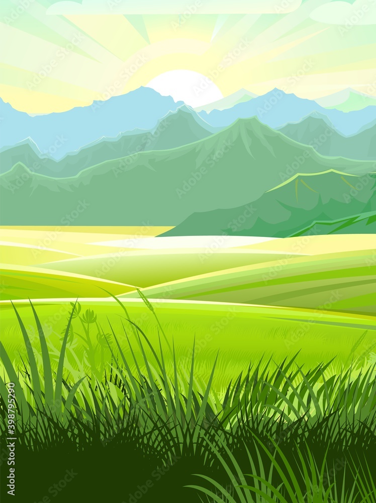Rural summer landscape. Nice view of the horizon. Fields, meadows and green grassy pastures. Bright sun with rays. Morning beautiful scenery. Vector