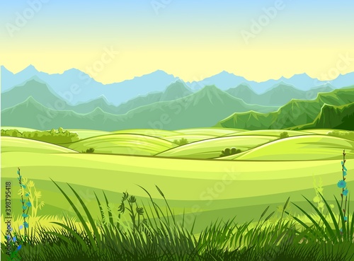 Rural landscape. Hills and meadows. Pastures and farmland. Beautiful nature view. The horizon is distant. Country farm land plot. Illustration. Vector