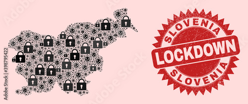 Vector Viral lockdown collage Slovenia map and rubber stamp imitation. Lockdown red stamp uses sharp rosette shape. Collage Slovenia map is formed of virus, and locked items.