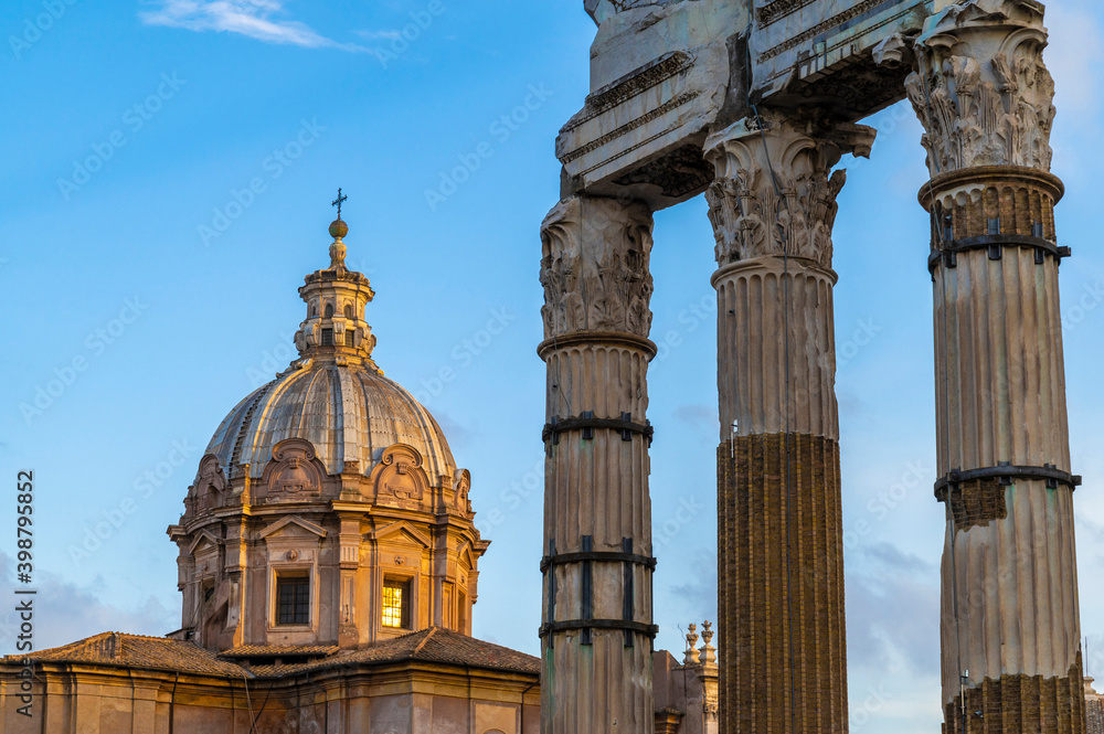 Panorama from the dome of the Church of Santi Luca e Martina of Roman Catholic worship, and of the temple of Venus Genetrix a Roman temple that dominated the side of the Forum of Caesar in Rome.