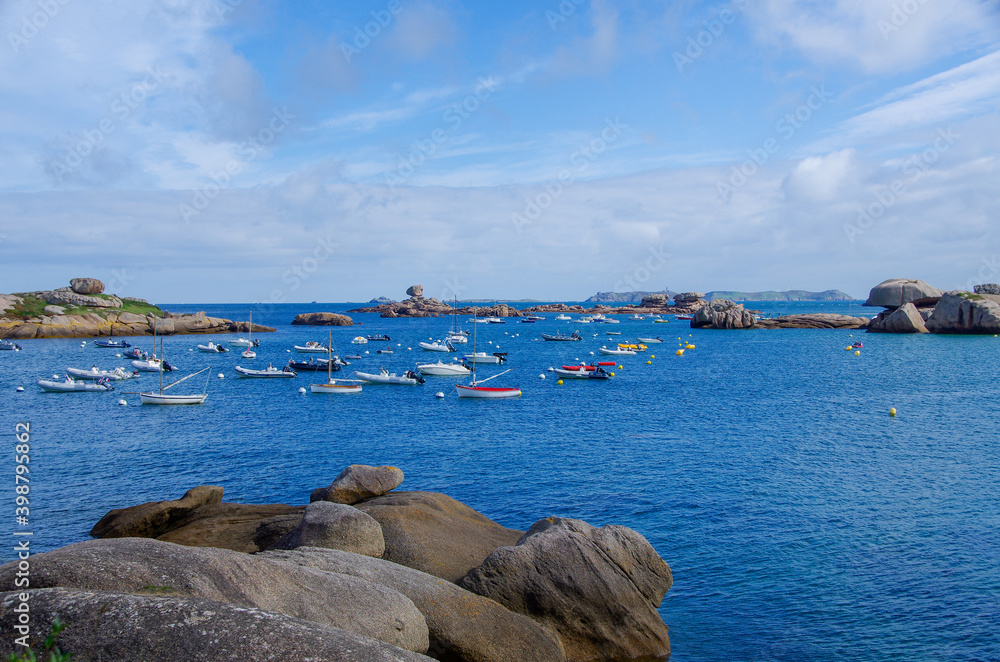 Colourful boats on a sunny day in a Breton bay in the north of France. High quality photo