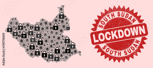 Vector Covid lockdown collage South Sudan map and grunge stamp imitation. Lockdown red stamp seal uses sharp rosette shape. Collage South Sudan map is formed of viral, and locked icons.