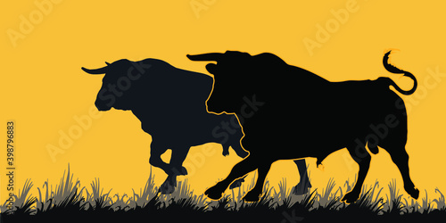 isolated dark silhouettes of two bulls running on grass.set  image for design and decoration © Viktoria Suslova