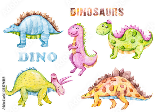 Watercolor cute dinosaurs clipart set.Cartoon nursery illustration isolated on a white background. Hand painted illustration for sticker  pattern  baby shower  birthday invitation  poster  sublimation