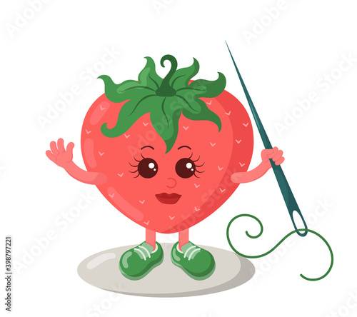 Funny smiling cute kawaii strawberry tailor with sneakers holding sewing needle. Colored isolated vector illustration in flat design with shadows	