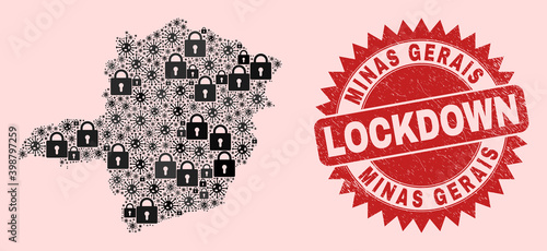 Vector Covid-2019 lockdown collage Minas Gerais State map and textured seal. Lockdown red imprint uses sharp rosette form. Mosaic Minas Gerais State map is made with covid- 2019 virus,