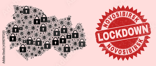 Vector Covid-2019 lockdown collage Novosibirsk Region map and rubber stamp seal. Lockdown red stamp seal uses sharp rosette form. Collage Novosibirsk Region map is designed of flu virus,