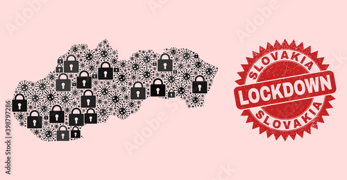 Vector Covid lockdown collage Slovakia map and unclean watermark. Lockdown red imprint uses sharp rosette shape. Collage Slovakia map is created of Covid-2019, and lock icons.