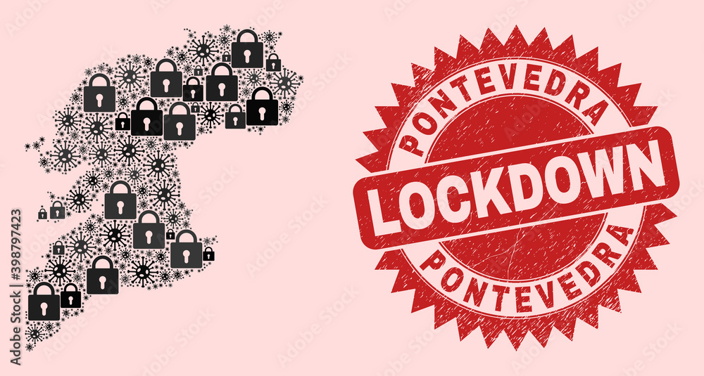 Vector Viral lockdown mosaic Pontevedra Province map and dirty stamp imitation. Lockdown red stamp uses sharp rosette form. Collage Pontevedra Province map is formed with viral, and locked symbols. Vector Viral lockdown mosaic Pontevedra Province map and dirty stamp imitation. Lockdown red stamp uses sharp rosette form. Collage Pontevedra Province map is formed with viral, and locked symbols.