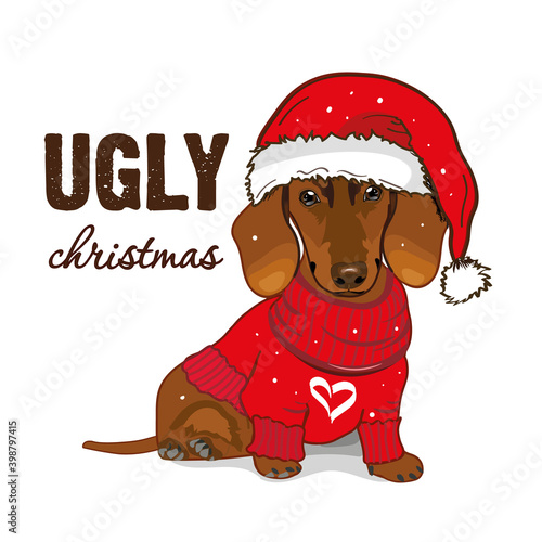 Dachshund dog with santa hat. Ugly christmas card. Ugly sweater