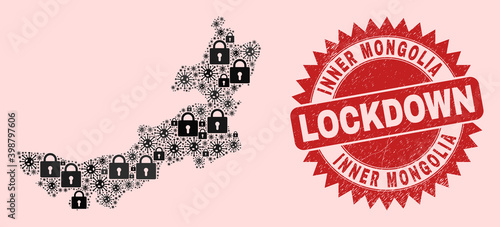 Vector Viral lockdown collage Inner Mongolia map and scratched stamp print. Lockdown red stamp seal uses sharp rosette form. Collage Inner Mongolia map is designed of covid- 2019 virus,