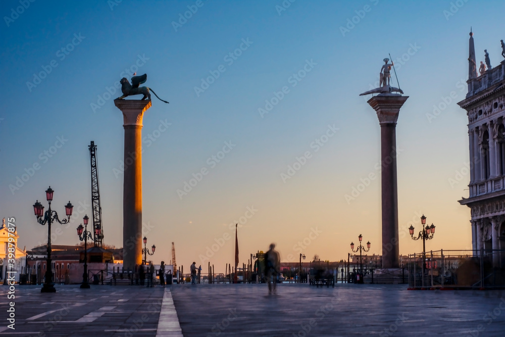 columns of Piazza San Marco at sunset without anyone because of the covid-19