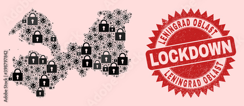 Vector coronavirus lockdown collage Leningrad Region map and grunge stamp print. Lockdown red stamp uses sharp rosette form. Collage Leningrad Region map is made of viral, and locked symbols.