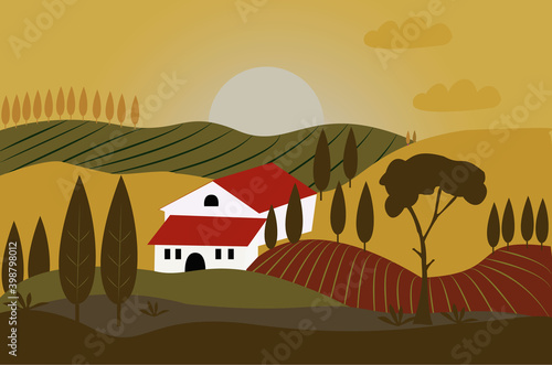 Vector illustration of Tuscany landscape for postcards, room design, posters, flyers, booklets, promotional items, design prints, cards, textile, decor. Flat. EPS10