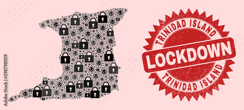 Vector Covid-2019 lockdown mosaic Trinidad Island map and textured stamp imitation. Lockdown red stamp seal uses sharp rosette form. Mosaic Trinidad Island map is composed of Covid, and lock symbols.