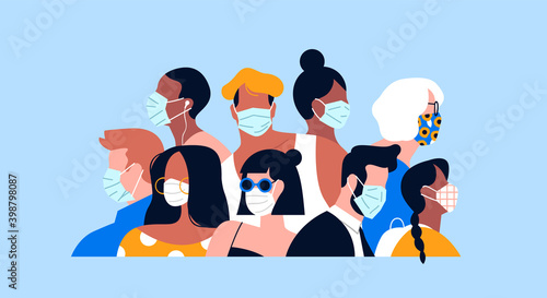 Diverse people crowd with face masks, Multi ehnic flat cartoon character group on isolated background for coronavirus pandemic lifestyle concept or health safety design. 