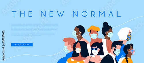 The New Normal landing web page template illustration. Diverse people crowd with face masks for coronavirus information concept or health safety design. Multi ehnic flat cartoon character group.