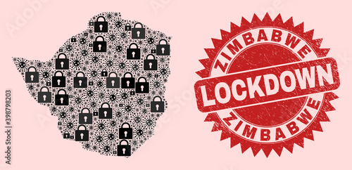 Vector Covid lockdown collage Zimbabwe map and textured seal. Lockdown red stamp uses sharp rosette form. Collage Zimbabwe map is created of covid, and lock items.