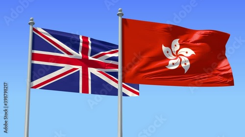 Hong Kong and Britain flag on flagpole excellent quality.  HKSAR and United Kingdom waving flag in wind. Endless Animation. LOOP CYCLE Animation
