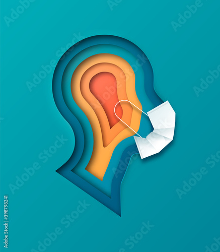 Realistic paper cut layered human head wearing face mask. Colorful papercut man silhouette on isolated background. Illustration topic - corona virus safety, medicine education or pollution concept. 