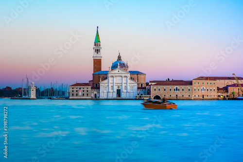 Church of San Giorgio Maggiore at sunset with the canal Grande and the Giudecca canal empty due to the coivid-19 © Emanuele