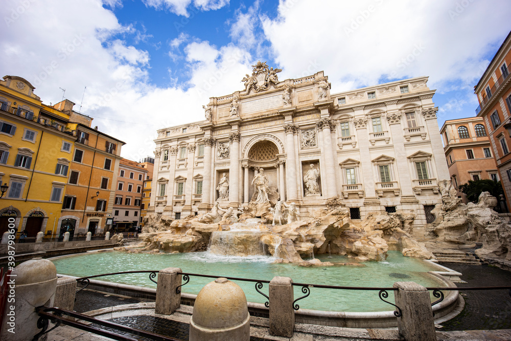 Trevi Fountain, Fontana di Trevi in ​​Rome. The Trevi Fountain is the largest Baroque fountain, it is one of the most famous symbols of Rome. Rare shots in lockdown with empty square. 