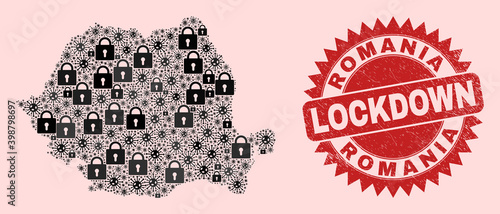 Vector pandemic lockdown combination Romania map and unclean stamp seal. Lockdown red watermark uses sharp rosette shape. Collage Romania map is formed from coronavirus, and locked items.
