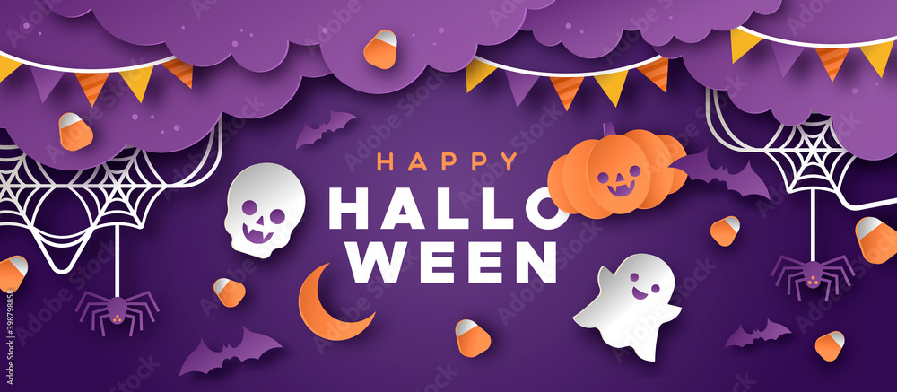 Happy Halloween event template, cute paper cut decoration with funny smiling faces for children celebration concept. Autumn holiday invitation design includes pumpkin, ghost and skeleton characters.