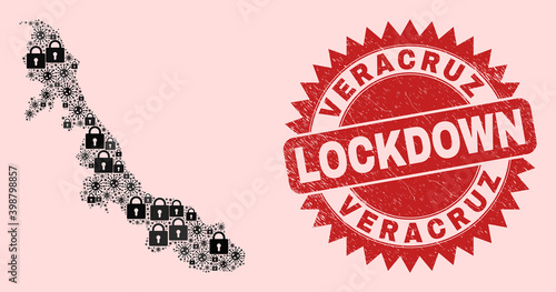Vector coronavirus lockdown mosaic Veracruz State map and scratched stamp. Lockdown red stamp seal uses sharp rosette form. Collage Veracruz State map is formed from coronavirus, and locked items.