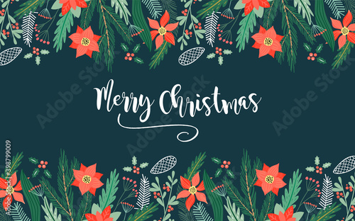 Merry Christmas greeting card illustration of traditional retro nature decoration. Flat cartoon winter plants, floral ornaments and pine tree branch for december celebration event.