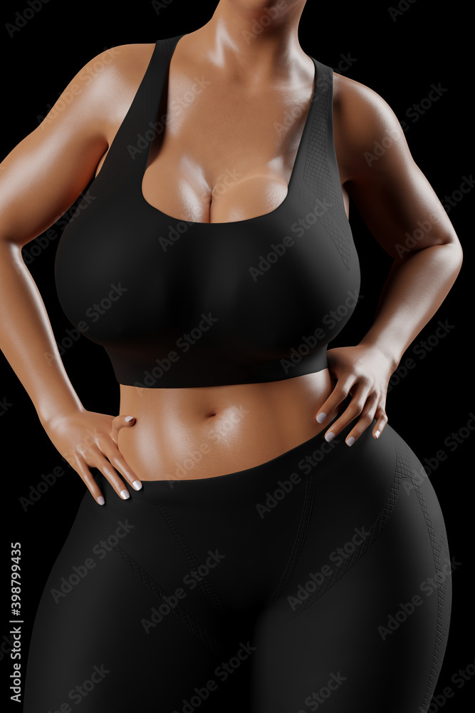 Fototapeta premium Young slim woman with big breasts in black sportswear