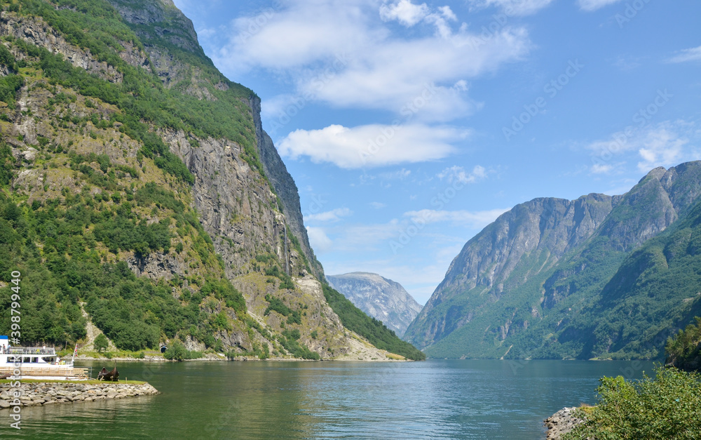Magnificent fjord landscape. Naeroyfjord offshoot of Sognefjord is the narrowest fjord in Europe. Aurland, Sogn og Fjordane, Norway, Europe.