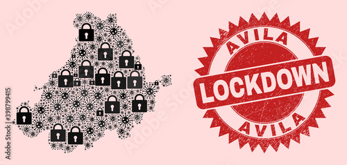Vector coronavirus lockdown composition Avila Province map and scratched stamp. Lockdown red stamp uses sharp rosette form. Mosaic Avila Province map is designed from coronavirus, and lock symbols.