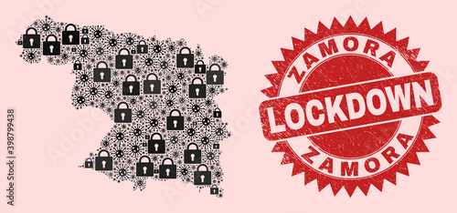 Vector coronavirus lockdown mosaic Zamora Province map and grunge stamp print. Lockdown red stamp seal uses sharp rosette form. Collage Zamora Province map is done with virus, and locked icons.