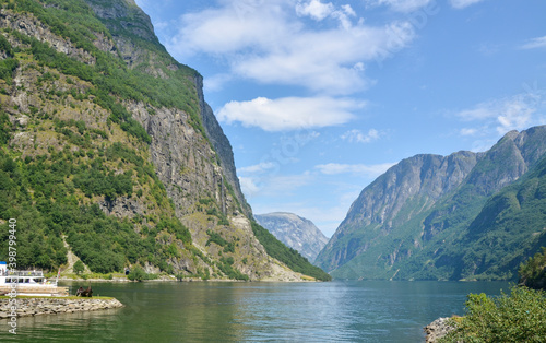 Magnificent fjord landscape. Naeroyfjord offshoot of Sognefjord is the narrowest fjord in Europe. Aurland, Sogn og Fjordane, Norway, Europe.
