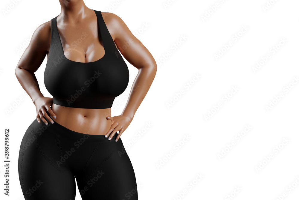 Young slim woman with big breasts in black sportswear Young slim woman with big breasts in black sportswear