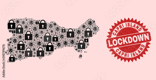 Vector Viral lockdown collage Capri Island map and unclean seal. Lockdown red imprint uses sharp rosette form. Collage Capri Island map is composed from viral, and locked icons.