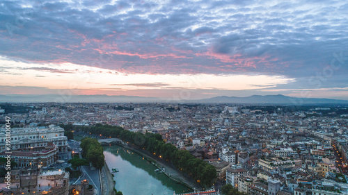 Aerial photography with drone on rome, the photo was taken at dawn, along the Tiber with the whole panorama of the city of Rome
