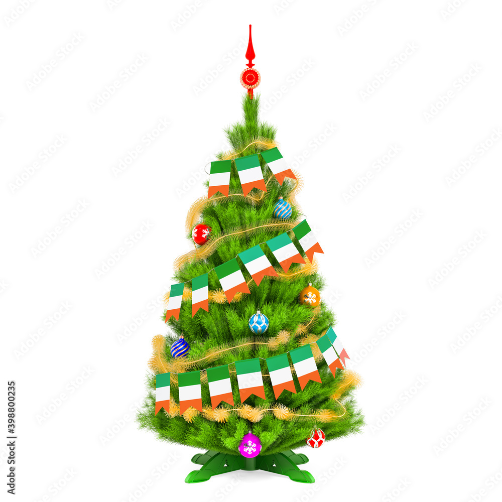 Christmas tree with Irish Xmas pennant flags, 3D rendering Christmas tree with Irish Xmas pennant flags, 3D rendering