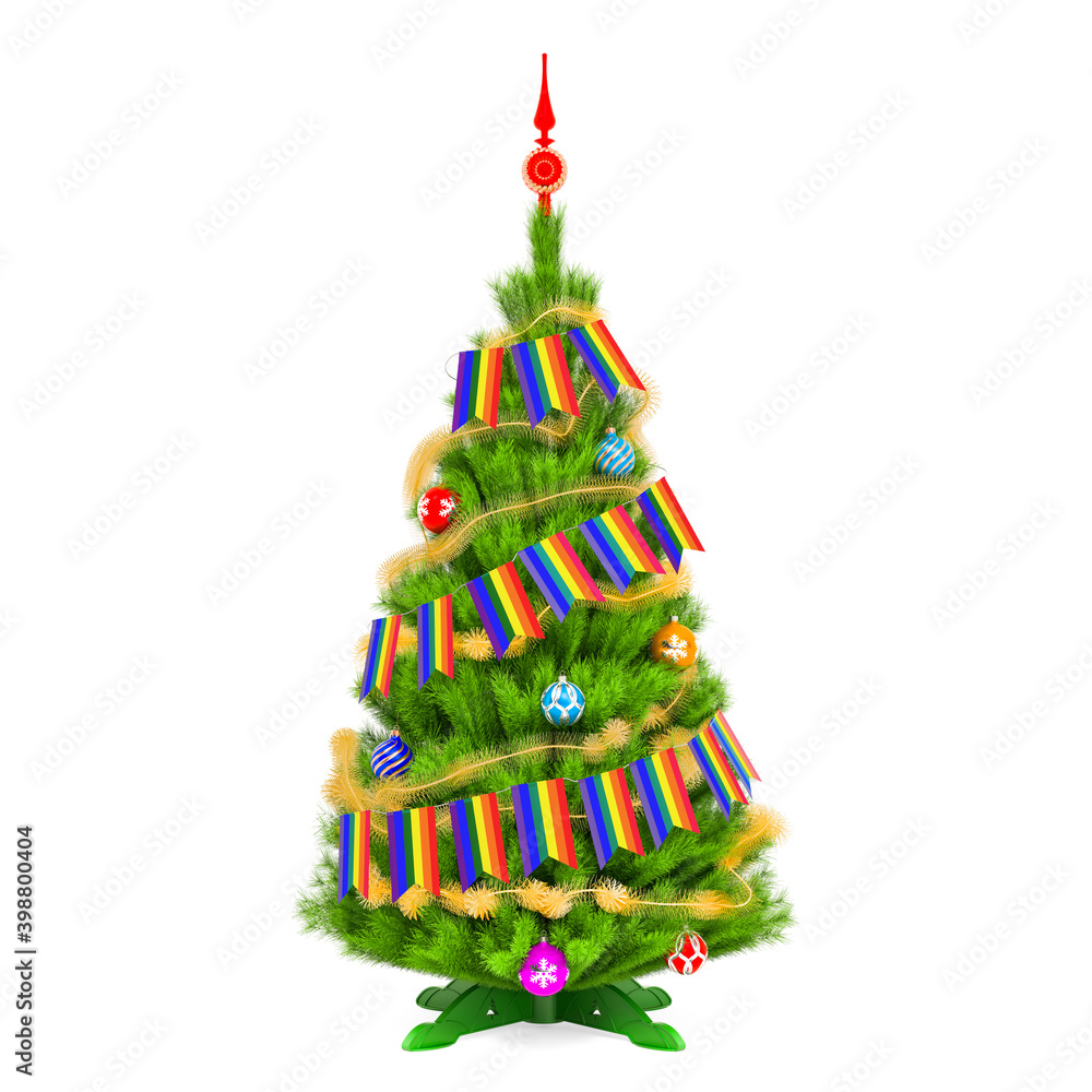 Christmas tree with LGBT rainbow Xmas pennant flags, 3D rendering