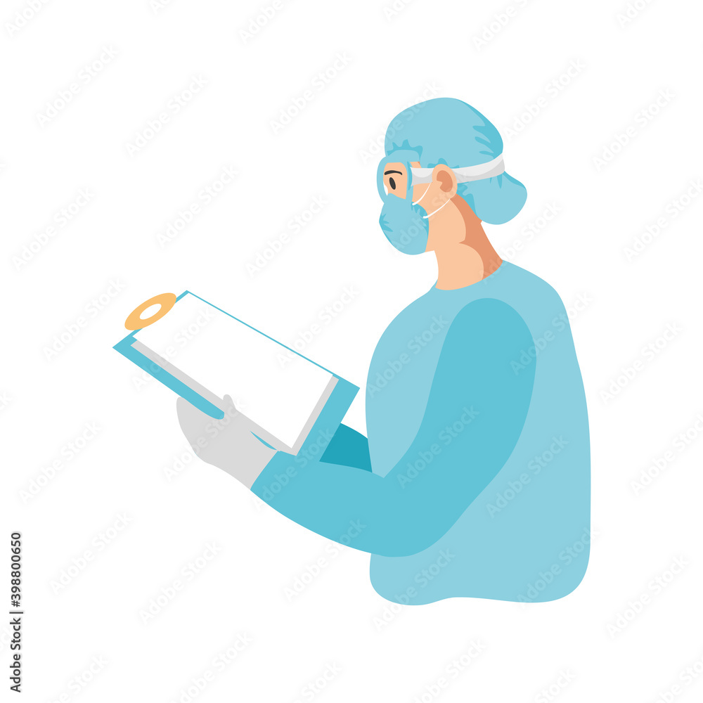 nurse in safety protection suit, mask, glasses and clipboard