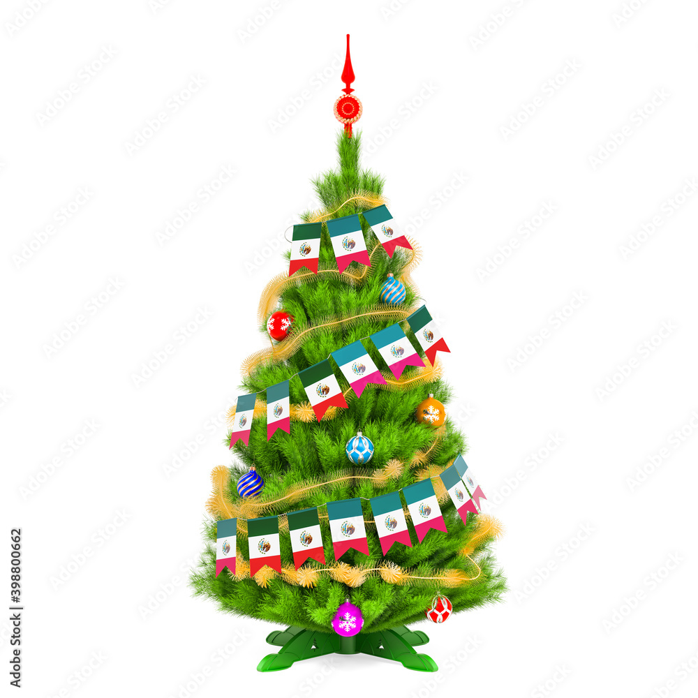 Christmas tree with Mexican Xmas pennant flags, 3D rendering Christmas tree with Mexican Xmas pennant flags, 3D rendering