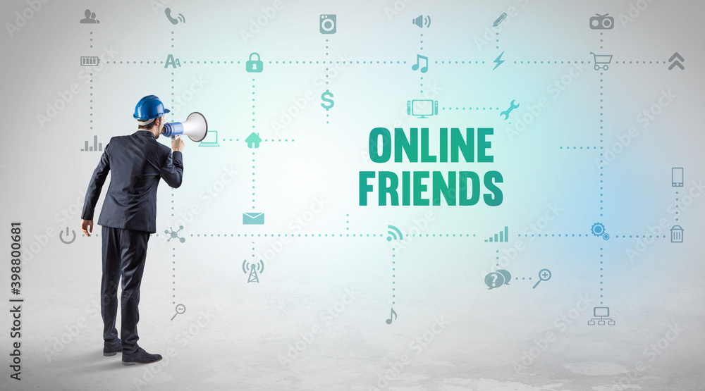 Engineer working on a new social media platform with ONLINE FRIENDS inscription concept Engineer working on a new social media platform with ONLINE FRIENDS inscription concept