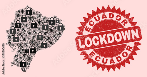 Vector Covid lockdown collage Ecuador map and corroded stamp seal. Lockdown red watermark uses sharp rosette shape. Collage Ecuador map is created of virus, and lock symbols.