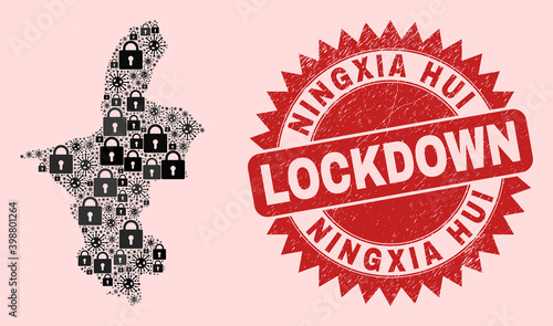 Vector Viral lockdown collage Ningxia Hui Region map and unclean stamp seal. Lockdown red stamp seal uses sharp rosette form. Collage Ningxia Hui Region map is designed with coronavirus,