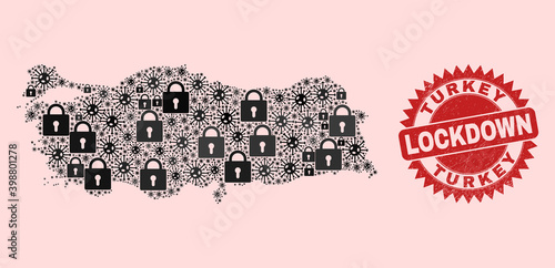 Vector Viral lockdown collage Turkey map and corroded stamp print. Lockdown red stamp uses sharp rosette shape. Collage Turkey map is created from corona virus, and lock icons.
